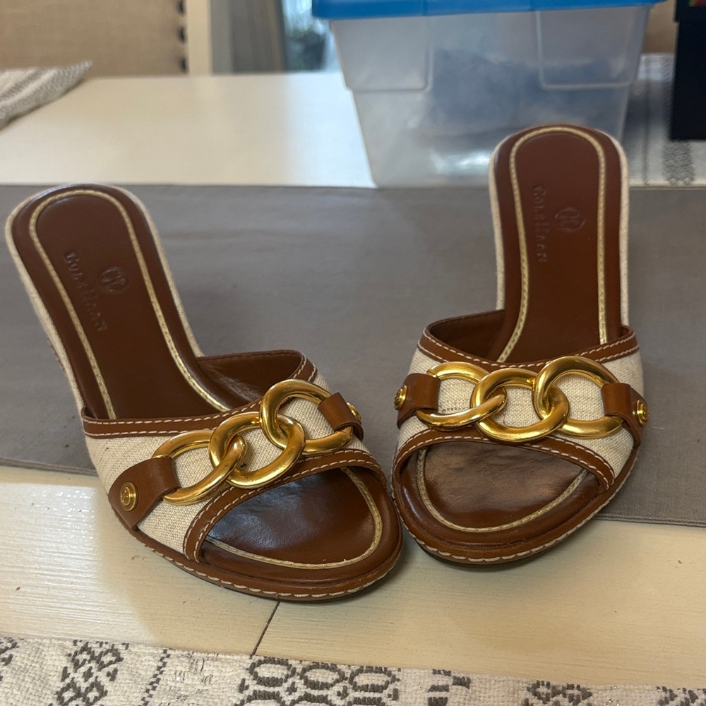Cole Haan Brown and Cream Mules with Gold Accents